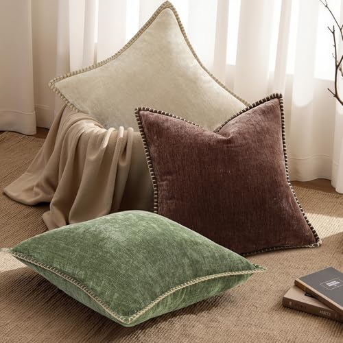 Image of decorUhome Fall Chenille Soft Cozy Throw Pillow Covers 18x18 Set of 2, Modern Farmhouse Boho Velvet Decorative Pillow Cases with Stitched Edge for Couch Sofa Bed Home Decor, Chocolate