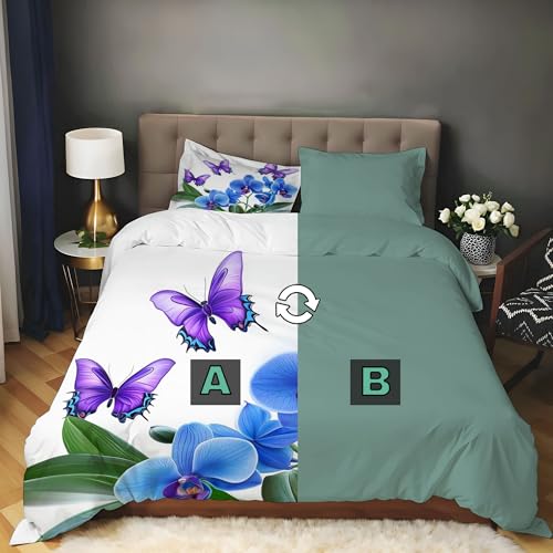 Housse de couette papillons et fleurs bleu blanc en microfibre reversible 200x200 cm - 3