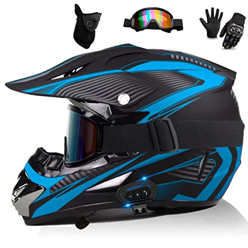 Dirt Bike Off-Road Motocross ATV Motorcycle Full Face Bluetooth Helmet for Men Women, DOT Approved Four Wheeler ATV Dirtbike BMX MX Off-Road Motorbike Helmet with Gloves Goggles Mask-C||X-Large