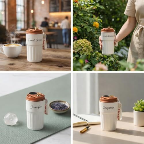 Image of VOLITO Personalized Coffee Mug with Temperature Display, 420ml Ceramic Travel Coffee Cup with Lid, Insulated Coffee Tumbler with Wrist Strap, Custom Name Gift for Coffee Lovers(mini 420ml)