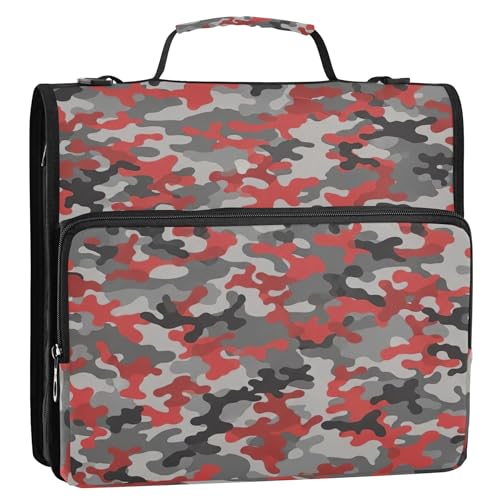 3リングバインダー 1 1/2インチ Dリング レッド カモフラージュ ブラック グレー ファスナー付きバインダー オーガナイザー バインダー ショルダーストラップ付き 学校用 かわいいポートフォリオ 500枚ホルダー