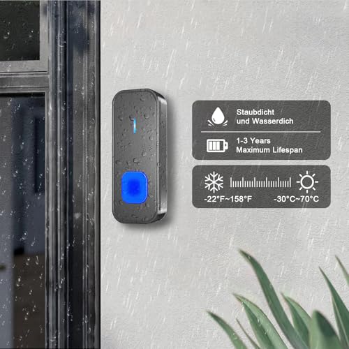 SURFOU Funkklingel, Türklingel Funk Klingel Kabellos Haustürklingel mit Plug-in-Empfänger 400m Reichweite mit Aussen Wasserdicht, 55 Klingeltönen 5 Lautstärken, Blinkende LED, Schwarz