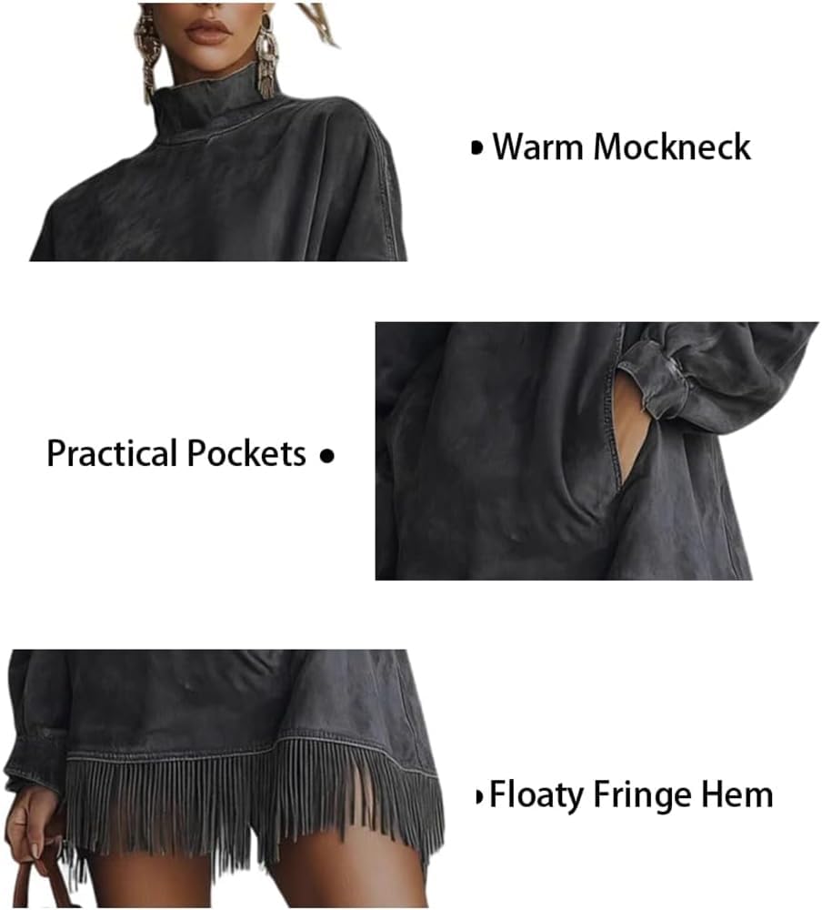 Women Vintage Loose Suede Mini Dress,Tassel Mock Neck Long Sleeve Dresses Retro Cowgirl Outfit,Long Sleeve Patchwork Coat - Image 8