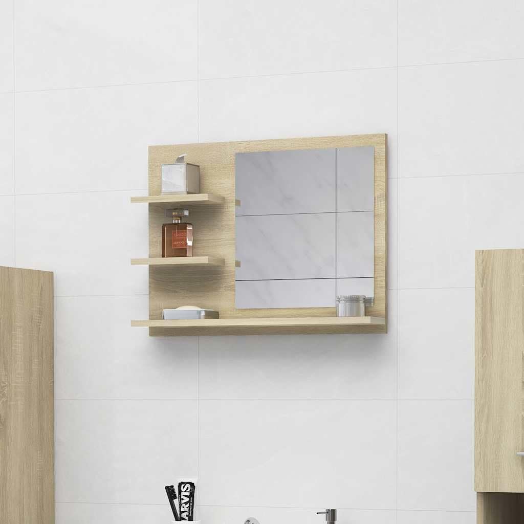 Lustro łazienkowe Sonoma dąb z drewna i akrylu, 60 x 10,5 x 45 cm, wiszące z 3 półkami na umywalkę, łazienkę, umywalkę i toaletę dla gości z miejscem do przechowywania
