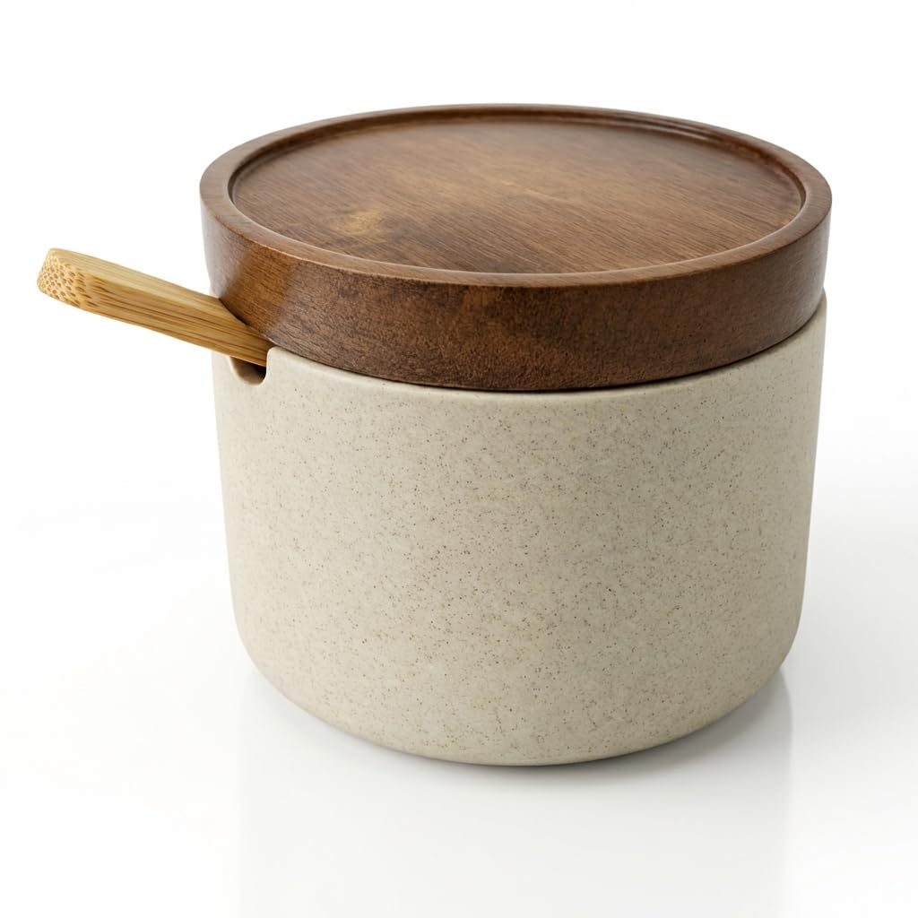 Ceramic Salt Cellar with Acacia Wood Lid & Spoon