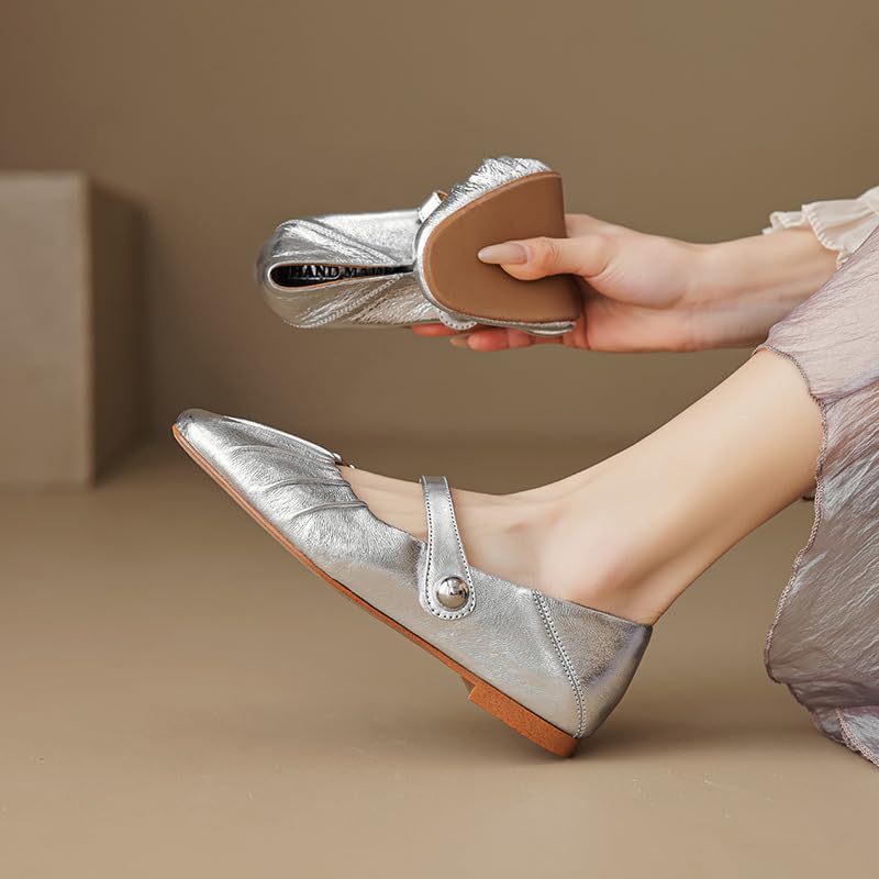 Womens Genuine Leather Mary Jane Shoes, Closed Round Toe Low Heel Flats with Buckle Straps Work Casual Dressy Slip On Shoes4