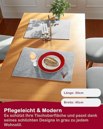 CULT at home Filz Tischsets Hirsch 45 x 30 cm - 4 Stück Platzset Tischset Placemate Platzdeckchen hell grau - Deko Tischdeko Weihnachten Advent - Dekoration und Schutz Esstisch Wohnzimmertisch