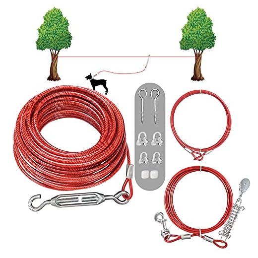 SHUNAI Dog Tie Out Cable Set -100 Ft Dog Run Aerial Trolley System with 10 Ft Pulley Runer Line - Runer System Heavy Duty for Dogs Up to 125Lbs No Hurt to Trees Design