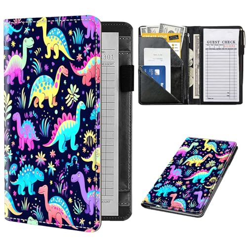 Server Book for Waitress,Server Books for Waitress with Zipper Pocket,Cute Server Book, Waitstaff Organizer Waitress Book with Money Pocket and Zipper Fit Server Apron,Cute Dinosaurs