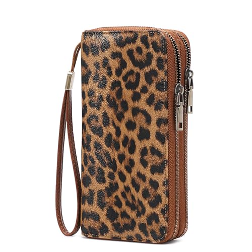 Image of Women Leather Wallet Crossbody Shoulder Bag with Double Zipper and Mobile Phone Purse with Shoulder Strap