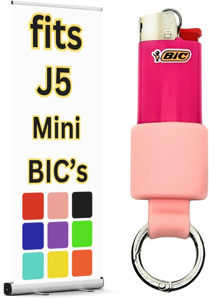 Mini Keychain Lighter Holder with Spring Clip | J5 Pink Pouch Sleeve Case for Small J5 Lighters | 10 Color Options | Lighter Not Included (Pink)