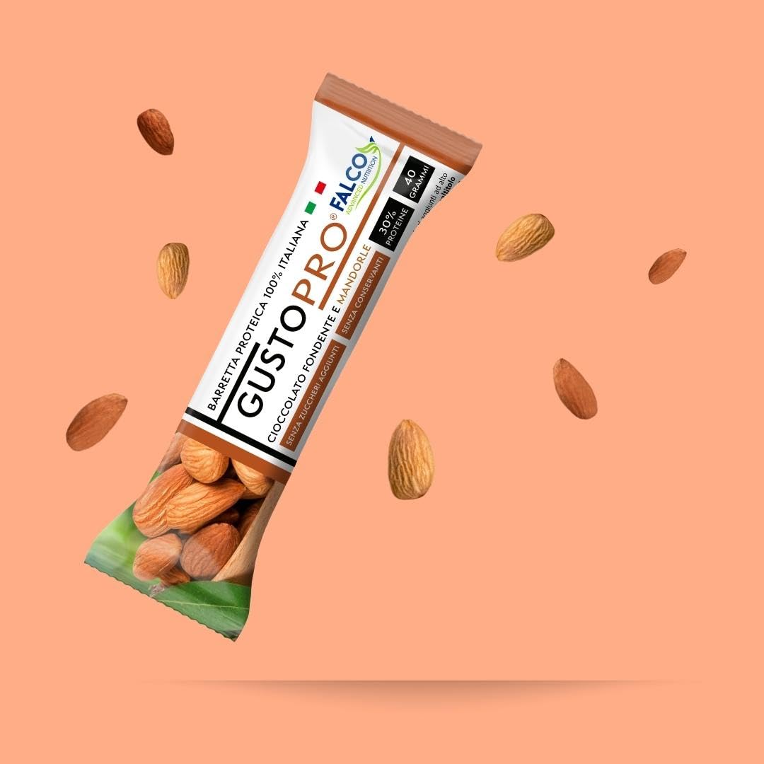 GUSTOPRO FONDENTE E MANDORLA – Barretta Proteica Senza Zucchero, Croccante, Puro Cioccolato Fondente e Mandorla, 30% di Proteine Del Siero del Latte (Whey Protein) (24x40g)