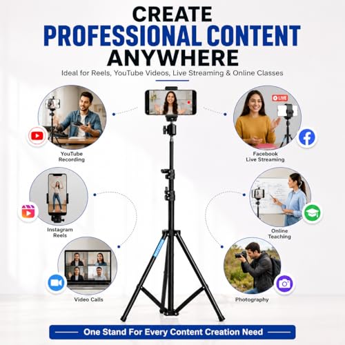 Image of Premium Tripod Stand Lightweight & Portable Portable 7 Feet (84 Inch) Long with Adjustable Mobile Clip Holder for All Mobiles & Cameras Stand for YouTube, Facebook and Instagram
