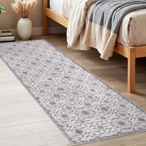 KILOCOCO 2x6 Runner Rug, Moroccan Super Soft Washable Hallway Entryway Runner Rug, Accent Print Faux Wool Kitchen Runner Rug 6 Feet Non-Slip Boho Rug Runner for Laundry Room Bedroom, Grey