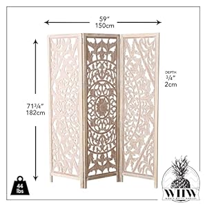 Daisy Mandala Room Divider, Carved Floral Motifs, 3 Panels, Natural Mango, White Wash, Distressed Finish, Wood Frame, Approx. 6 Feet Tall, (71.5 Inches) Daisy Mandala Room Divider Carved Floral Motifs 3 Panels Natural Mango White Wash Distressed Finish Wood Frame Approx 6 Feet Tall 715 Inches