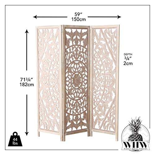 Daisy-Mandala-Room-Divider-Carved-Floral-Motifs-3-Panels-Natural-Mango-White-Wash-Distressed-Finish-Wood-Frame-Approx-6-Feet-Tall-715-Inches Daisy Mandala Room Divider Carved Floral Motifs 3 Panels Natural Mango White Wash Distressed Finish Wood Frame Approx 6 Feet Tall 715 Inches