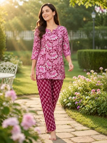 Image of Women's Cotton Night Suit Set, Printed Top and Pyjama, Casual Loungewear Sleepwear for Womens Girls