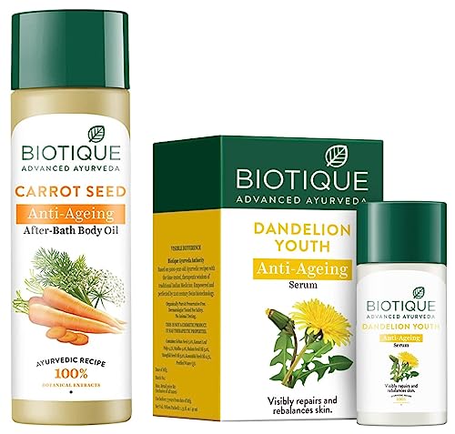 Image of Biotique Bio Dandelion Visibly Ageless Serum, 40 ml and Biotique Bio Carrot Seed Anti Aging After Bath Body Oil, 120ml
