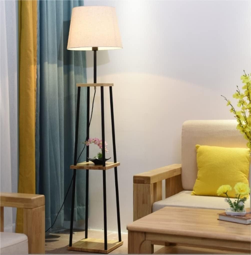 Lampa Stojąca Salon Lampa Podłogowa W Stylu Nordyckim, Abażur Z Tkaniny, Lampa Stojąca Z 2-poziomową Drewnianą Półką, Lampka Do Czytania, Wysokie Lampy Lampa Podłogowa Sypialnia