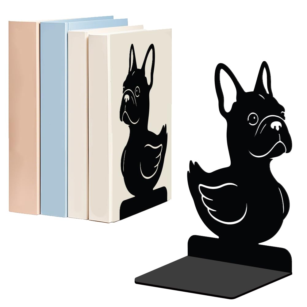 WADORN 1 Pair Funny Dog & Duck Metal Bookends, French Bulldog Duck Heavy Duty Decorative Book Ends Black Non-Skid Book Holder Stopper for Library Home Office Back to School, 5.3x4.3x7.9 Inch