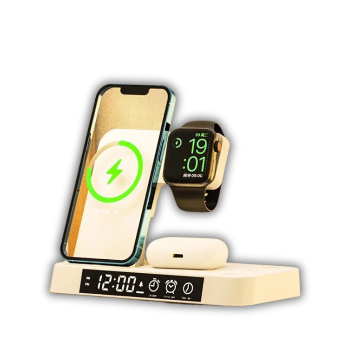 Generic3 in 1 Wireless Charging Station, Foldable Magnetic Charger Stand Fast Charger with Alarm Clock and Night Light (Branco)