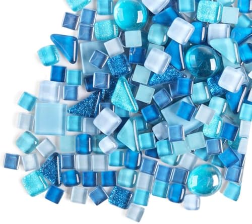 200g Carreaux de Mosaïque en Cristal Tesselles en Verre, Colorées Irrégulière Morceaux de Mosaïque en Verre pour Loisirs Créatifs, Décoration(Bleu Aquatique)