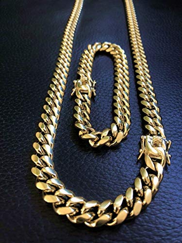 Mens Heavy Miami Cuban Link Chain Choker 14k Gold Plated Hip Hop Thick Stainless Steel 8mm-16mm Necklace/Bracelet3