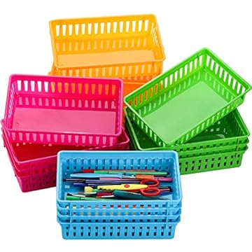 DEAYOU 16 Pack Classroom Storage Baskets Bins, Small Plastic Organizer Basket, Colorful Storage Trays, Crayon Pencil Containers for Paper, Desk, Shelf, Home School Office, 26 x 16.5 x 6.2 cm