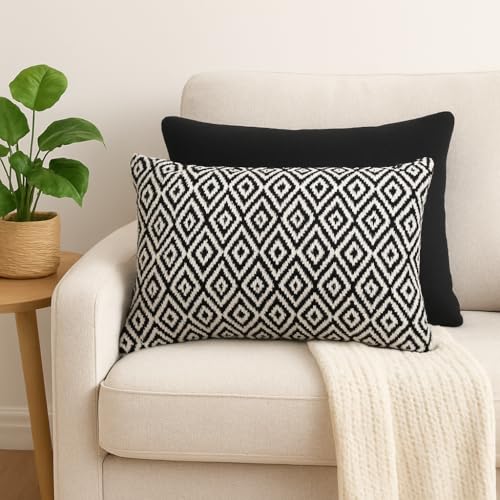 Image of Reversible 20x12 Black Cotton Argyle Woven Pack of 2 Fashion Throw Pillow Covers Cases for Couch Sofa Home Decoration | 50x30 cm