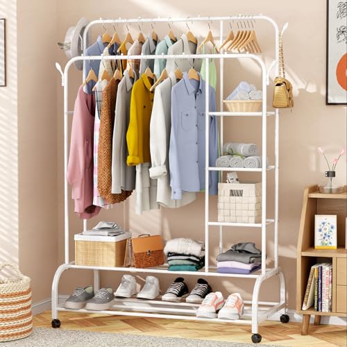 Image of Lukzer Metal Garment Stand with 6 Shelves & Double Rods, Heavy-Duty Clothing Rack with Side Hooks & Wheels, Multi-Functional Storage Organizer for Bedroom, Laundry & Entryway - (MGS-008 /White)