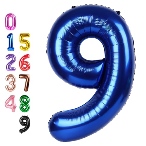 Image of Number Balloons Blue 9 Balloon 40 inch for 9th Birthday Party Decoration | Saturated Color, Large 40 in, With Inflation Straw & Hanging Hole, Great for Men's Party, Back-To-School Season, Pool Party