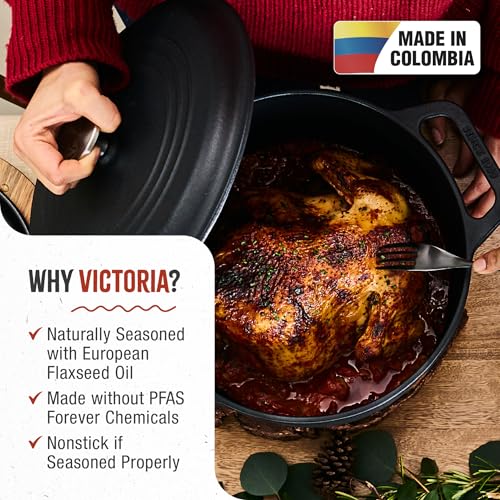 Image of Victoria Cast Iron Large Dutch Oven with Lid and Dual Handles. 7 Quart Pot Seasoned with 100% Kosher Certified Non-GMO Flaxseed Oil
