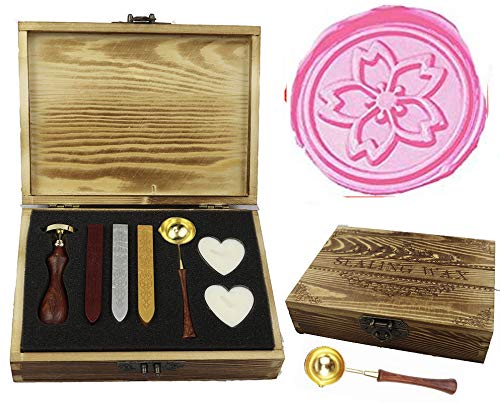 MNYRJapanese Sakura Flower Elegant Wooden Box Wax Seal Sealing Stamp Wedding Invitations Stationary Envelope Embellishment Custom Wax Seal Sticks Wooden Handle Melting Spoon Heart Candle Gift Box Set