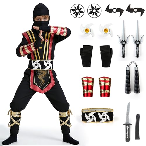 Cheffery Déguisement Ninja Enfant, Costume Samouraï, Set Carnaval Guerrier de L’Ombre avec Unchaku, Fléchettes en Mousse & Autres Accessoires, Déguisement Carnaval pour Garçons, Cosplay (L)