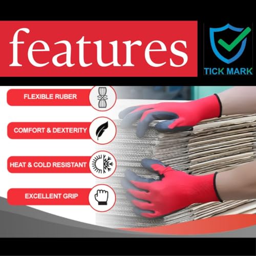 Image of Safety Gloves Heavy Duty Reusable Nitrile Coated Nylon Cotton Hand Gloves for Gardening - Home Work Safety - Industrial Use - Anti Cut Abrasion Proof Working Red Black Gloves (5 Pairs Pack)