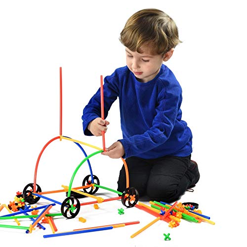Playlearn Large 800 Piece Straws Builders Construction Building Toy with Wheels - Giant Pack with Special Colored Connectors - Thumbnail 3