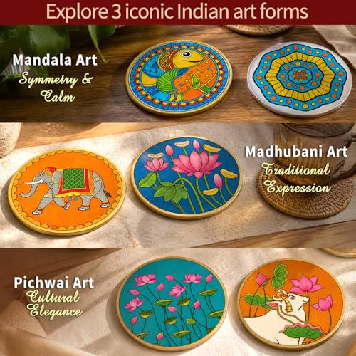 Image of Mind Pilot Art & Craft Kit for Kids & Adults | 3-in-1 Indian Painting Kit | Mandala, Madhubani & Pichwai | 6 Pre-Marked Wooden Coasters | 12 Colours | DIY Gift Set | Ages 8+