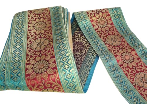 Image of Brocade Ethnic Work 9 Meter Laces and Borders Material for Dresses, Sarees, Lehenga, Suits, Blouses, Dupatta, chunri and Crafts (Turquoise x Maroon)