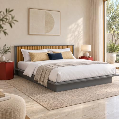 Image of Bniture Modern Low Height Queen Size Bed Without Storage | Engineered Wood Platform Bed Headboard | Bed Queen Size Wooden Cot Double Bed for Bedroom 3 Year Warranty (Slate Grey & Giant Wood)