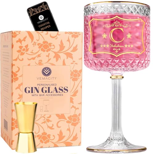 Vemacity Personalised Gin Glass Gifts for Women | Gold Inital: Letter (C) | Matching Gold Bar Accessory | Gin Gifts for Women with Double-Sided Jigger | Aperol Spritz Glassware | Ideal for Gifting