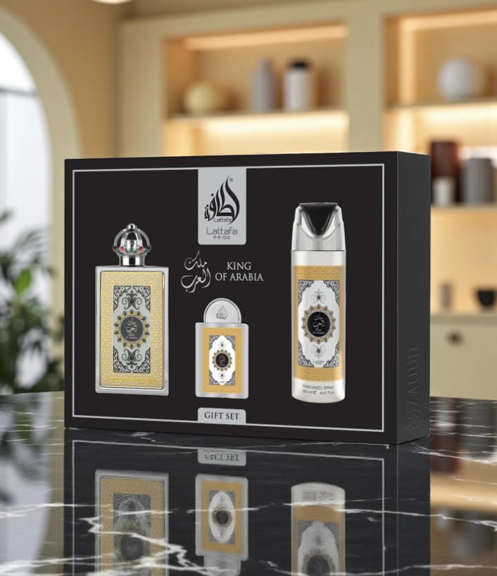 La ttafa King of Arabia - Set regalo, profumo arabo da uomo, durevole, include profumo EDP 100 ml + mini profumo 20 ml + deodorante 200 ml + atomizzatore fragranza legnosa dolce (King of Arabia Gift)