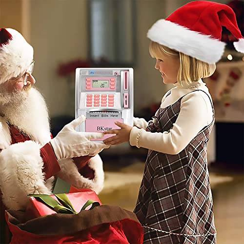 Image of BKstar Kids Talking Pink ATM Piggy Bank with Debit Cards, Power-Off Memory, Auto-Opening Drawer for Real Money for Girls, Onekey Shutdown, Bill Feeder, Coin Recognition, Balance Calculator Machine