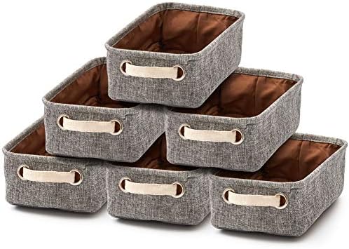 EZOWare Small Collapsible Storage Bins Baskets, Pack of 6 Foldable Canvas Fabric Tweed Organizer Set with Handles for Nursery Kids Toddlers Home and Office – 12 x 7 x 4 inch (Dark Gray)