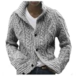Mens Cardigans Fall Winter Stylish White Chunky Knit Cardigan Jacket Shawl Collar Long Sleeve Cable Knit Cozy Cardigan Sweater Loose V Neck Button Down Knitwear Outerwear (Grey, L)