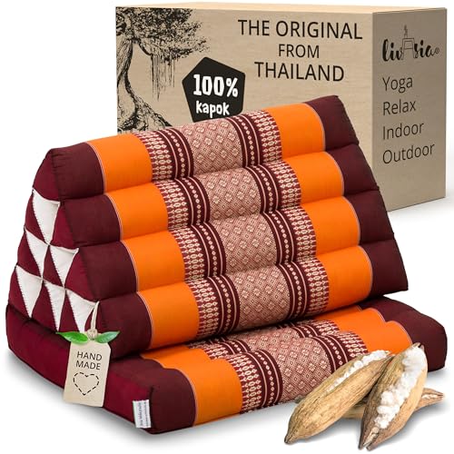 livasia Thai cushion with 1 seat rest - 30x20x3.1″ - Triangle cushion with seat cushion, Wedge cushion, kapok, Back support cushion, folding, Thai mat, folding, Hand made (Orange)
