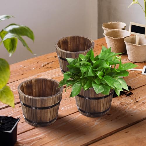 Image of Healeved Wooden Round Barrel Planter Flower Pot for Succulents with Permeable Bottom 7.08X7.08X5.9 Inches Indoor Outdoor Home Office Garden D Cor