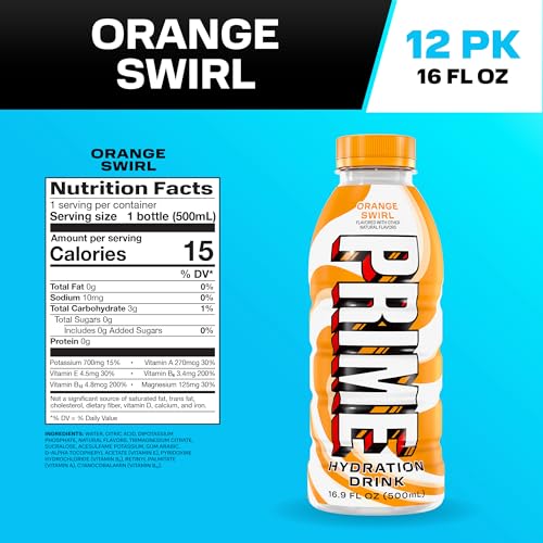 Image of PRIME Hydration ORANGE SWIRL, Sugar Free Sports Drinks, Electrolyte Enhanced to Replenish Fluids, B Vitamins, Antioxidants, Made with Natural Flavors, 16.9 Fl Oz 12 Pack