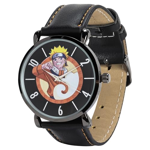 Accutime Naruto Kids Leather Watch - Analog Timepiece with Naruto Uzumaki Character, Durable PU Leather Strap, Collectible Case Included, Ideal for Anime Fans and Children
