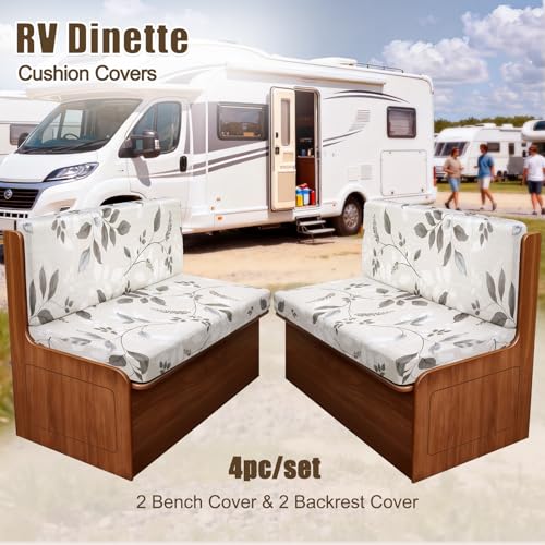 Image of SearchI RV Dinette Cushion Covers, Stretch Camper Cushion Slipcovers for Travel Trailer Couch RV Booth Seat, Replacement Camper Sofa Chair Protector (2 Backrest Cover & 2 Bench Cover, Elegant Foliage)