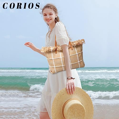 Image of CORIOS Tote Bag for Women Cute Canvas Shoulder Bag Summer Vibe Beach Bag Casual Handbag Bohemian Hobo Bag with Tassels